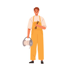 Technician, repair worker. Professional repairman, builder standing, holding coiled rope, cable and wrench. Master with work tools in hands. Flat vector illustration isolated on white background