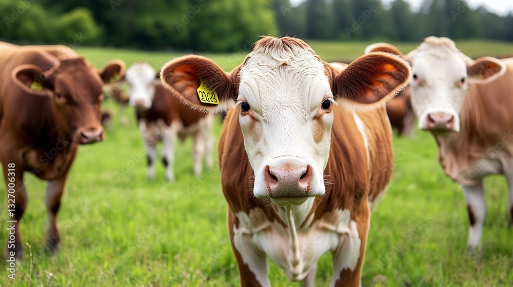 Poster curious brown and white cow standing in a lush green field with herd in background : generative ai