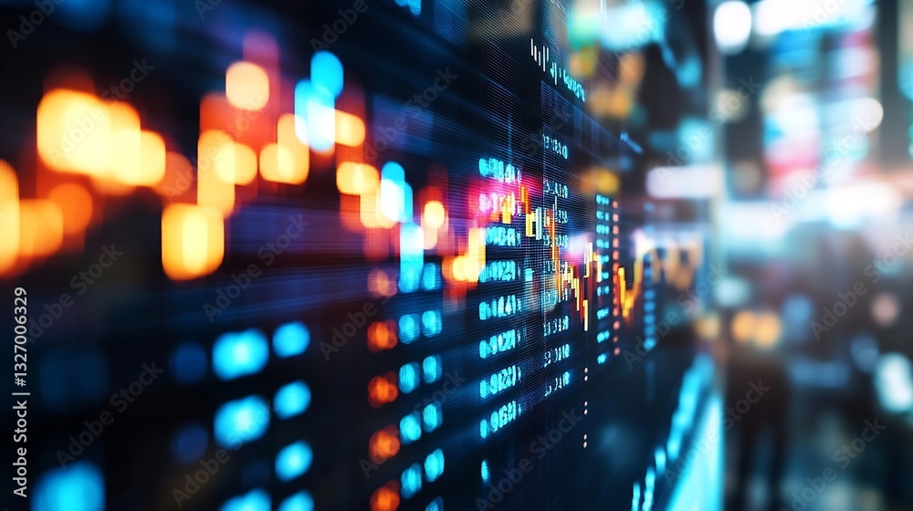Poster Closeup of digital stock market trends with vibrant colors highlighting fluctuating data and financial activity : Generative AI