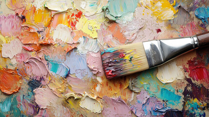Fototapeta premium Paintbrush on colorful oil paint palette.