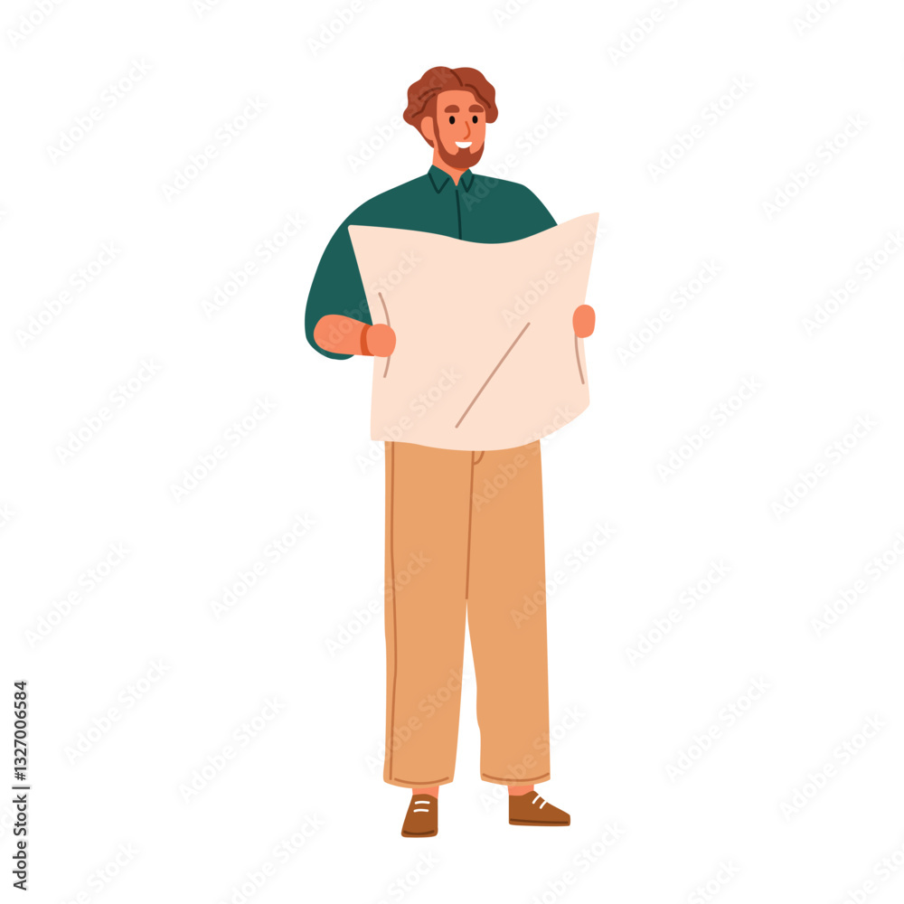 Poster man holding blueprint, standing with draft, architecture plan drawing. architect, engineer. professi