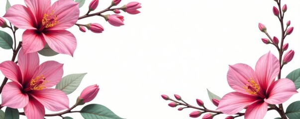 Fototapeta premium Floral frame, delicate branches, vibrant petals, leaves White background , colorful, stationery, design element