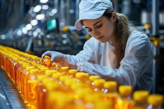 Attentive female worker in sterile uniform inspecting juice bottles on conveyor belt in modern factory setting for quality assurance
