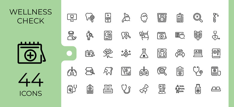 Health Checkup icon set. Containing report, care, laboratory, exam, healthy, check, hospital and more. Icons for design. Health line icons. Editable vector stroke.