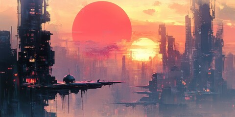Fototapeta premium A futuristic city landscape with two suns in the sky