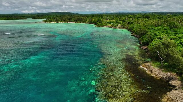 Aerial view of beautiful tropical beach with pristine turquoise water, waves, and lush palms, Port Vila, Shefa, Vanuatu.