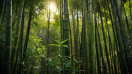 Fototapeta premium Bamboo forest background with sunlight filtering through trees