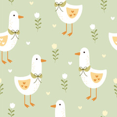 Goose Seamless pattern. Cute Goose pattern. Hand drawn vector pattern in flat style