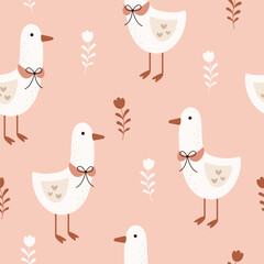 Goose Seamless pattern. Cute Goose pattern. Hand drawn vector pattern in flat style