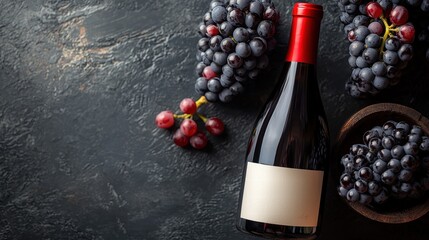 Beautifully arranged bottle of wine surrounded by fresh grapes captured in realistic photography with copy space available