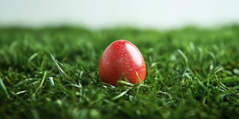 Colorful red Easter egg resting on lush green grass in a vibrant spring setting