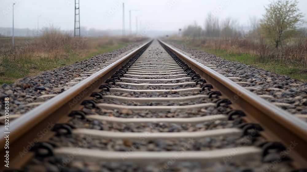 Poster close up perspective of railway tracks leading into a foggy landscape during a tranquil morning : ge