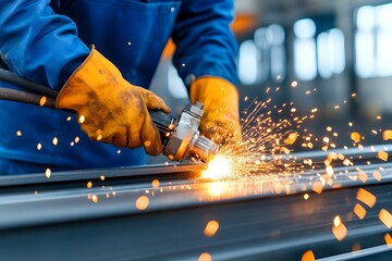 Metal Worker Using Oxy Acetylene Torch to Cut Steel Beams for Construction Site with Bright Sparks and Molten Metal