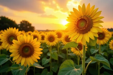 Obraz premium Golden hour sun bathes vibrant sunflowers, creating a stunning summer vista , wallpaper, rural