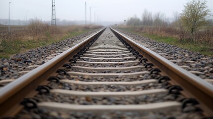 Fototapeta premium Close up perspective of railway tracks leading into a foggy landscape during a tranquil morning : Generative AI