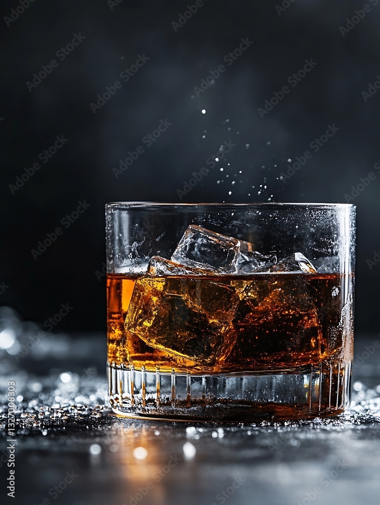 Aufkleber Close up image of a glass of whiskey with ice on a dark background highlighting its rich amber color and texture : Generative AI