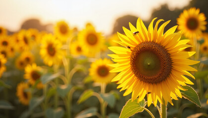 Fototapeta premium Sunflower blooming with bees in vibrant field