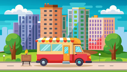 Naklejka premium food truck parked near the park entrance, with high-rise apartments in the distance.