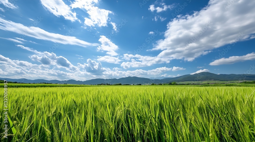 Poster vibrant green rice field under a blue sky with clouds and mountains in the background : generative a