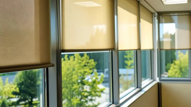 Motorized striped blinds beige color closeup in the window opening. Automatic home roller shades and curtains. Modern bottom up privacy shades half raised on apartment windows. Windowsill with plants