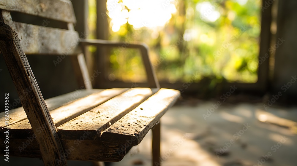 Poster Close up view of a rustic wooden chair with sunlight streaming through a window in a serene setting : Generative AI