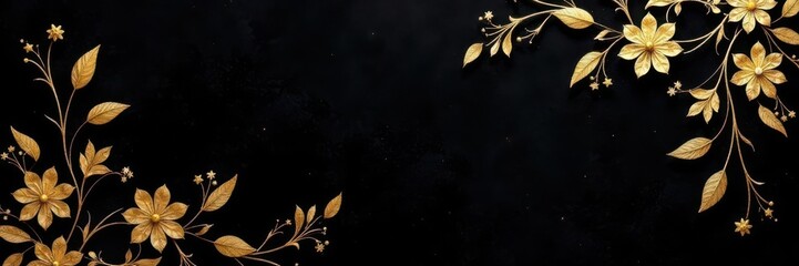 Luxurious black velvet wallpaper with abstract gold floral design , texture, artwork, wallpaper