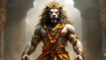 Hindu God Narasimha Standing Majestically with Power