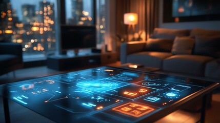 Futuristic digital interface in modern living room.