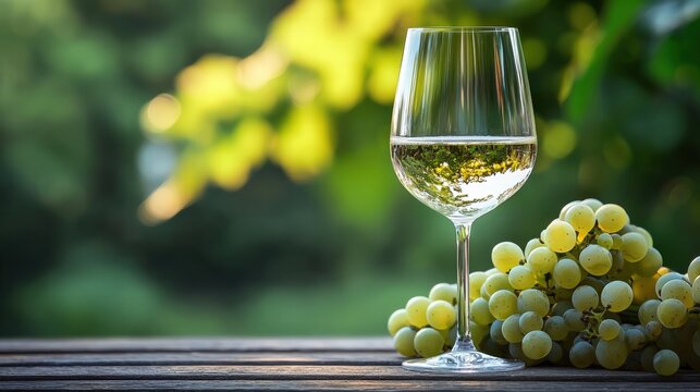 Crisp glass of sauvignon blanc wine with fresh grapes captured in realistic photography with ample copy space available