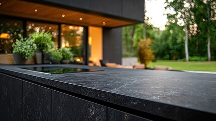 Fototapeta premium Modern Outdoor Kitchen with Black Stone Countertop and Greenery