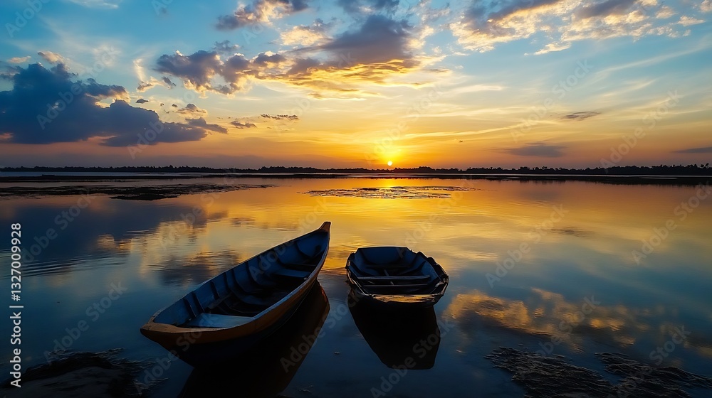 Poster two colorful boats resting on calm water during a vibrant sunset with dramatic clouds : generative a