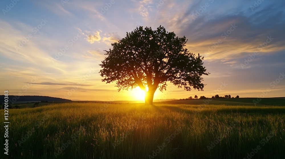 Poster majestic silhouette of a tree at sunset surrounded by golden fields of grass : generative ai