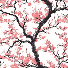 Fototapeta premium Cherry Blossom Seamless Pattern: A Whimsical Floral Design with Delicate Pink Blossoms and Dark Branches.