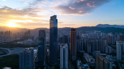 Fototapeta premium Stunning aerial view of a bustling city skyline at sunset with tall buildings and scenic mountain backdrop : Generative AI