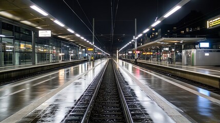 Naklejka premium Nighttime Train Station Scene with Empty Tracks and Reflections on Wet Surfaces : Generative AI