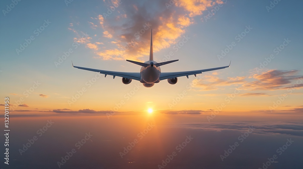 Poster airplane flying into a stunning sunset with colorful clouds and vast horizon from above : generative