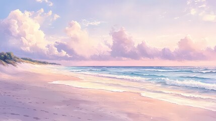 Obraz premium Pastel Seascape with Soft Clouds and Gentle Waves on a Sandy Beach