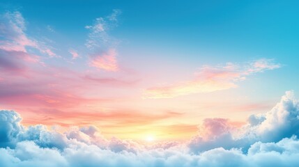 Fototapeta premium A serene sky filled with soft clouds bathed in pink and blue hues during sunset.
