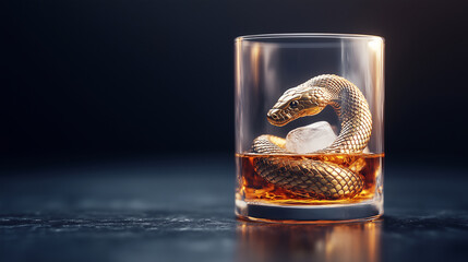 Unique cocktail with a gold snake resting on ice in a glass tumbler filled with amber liquid