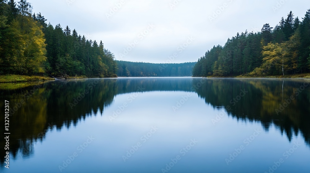 Poster Tranquil landscape of a serene lake surrounded by lush trees and soft reflections in the water : Generative AI