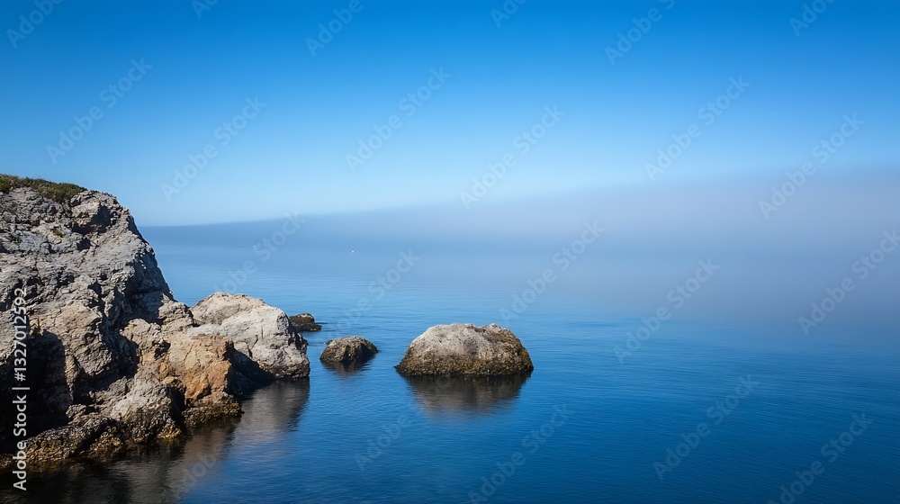 Poster serene ocean view with rocks and clear blue skies creating a tranquil coastal landscape : generative