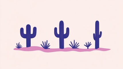 Obraz premium Desert Cactus Landscape: A Minimalist Illustration of Three Cacti and Desert Plants