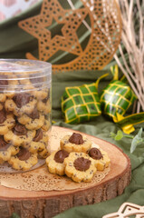 Popular cookies in Malaysia and Singapore during celebration of Eid Mubarak (Hari Raya) on white background. Selective focus and blurry.