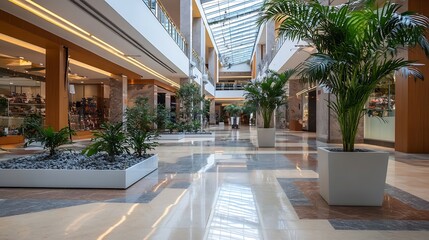Obraz premium Bright and airy shopping mall interior with lush greenery and natural light : Generative AI