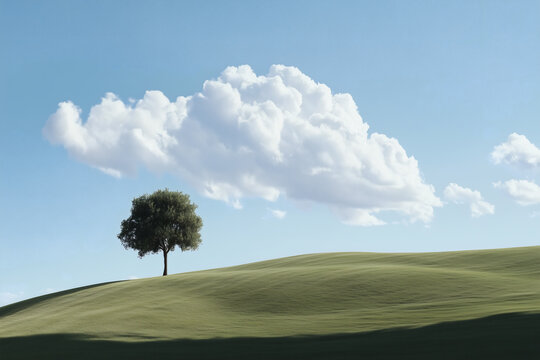 Lone tree on green hill with clouds and blue sky. - Powered by Adobe