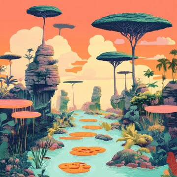 A surreal and stylized landscape features unique trees and water pathways