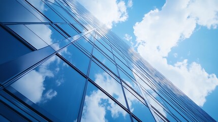 Modern glass skyscraper reflecting blue sky and clouds creating a stunning urban landscape : Generative AI