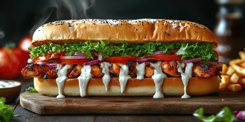 Delicious grilled chicken sandwich with fresh vegetables and sauce served with crispy fries on a wooden board