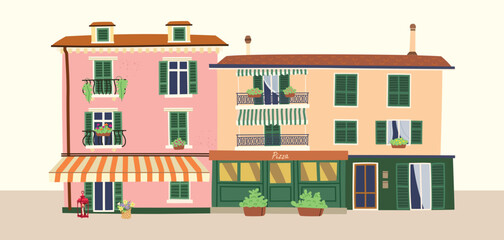Fototapeta premium Trendy warm colored houses with flowers on balcony and pizza restaurant in Italian style. Hand drawn European city architecture illustration in modern flat vector illustration style.
