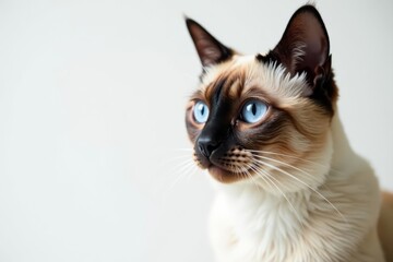 Fototapeta premium Stunning Siamese cat, striking blue eyes, pristine white backdrop, mammal, white background, white